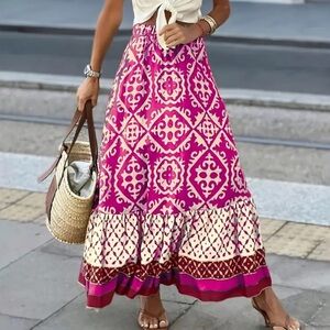 Elegant Pink Patterned Maxi Skirt